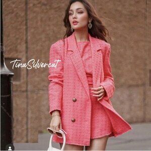 Zara 3 Piece Set Textured Double Breasted Blazer, Top, And Skort Pink Sz M NWT